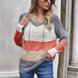 Autumn V Neck Patchwork Hooded Sweater Women Casual Knitted Sweater Top Winter Striped Sweatshirt Elegant Pullover Jumpers 210521