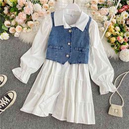 Women's Spring Autumn Suit Hong Kong Style Denim Vest + Long Sleeve Shirt Short Dresses Female Two-piece Sets QX855 210507