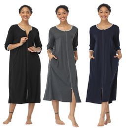 Women Long Sleepwear Soft Zipper Front Robes Winter Warm Nightgown Cotton Kimono Bathrobe Loungewear Maternity Housecoat Zip Up 210831