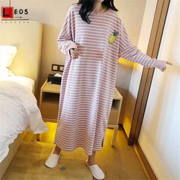 Women Sleepwear Stripe Fruit Print Nightdress For Lady Homewear Summer Loose Plus Long Dress Sleeve Fashion Female Clothes 210924