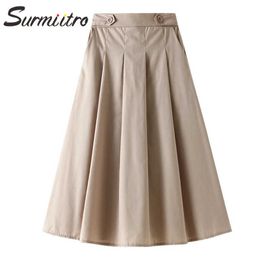 SURMIITRO Summer Midi Long Pleated Skirt Women Korean Style All Match Mid-Length High Button Waist A Line Skirt Female 210712