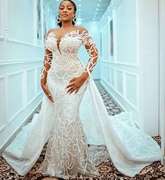 2021 Plus Size Arabic Aso Ebi Luxurious Mermaid Lace Wedding Gowns Sheer Neck Beaded Long Sleeves Illusion Bridal Dresses ZJ456