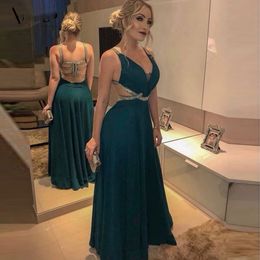Dark Green Chiffon A Line Long Prom Dresses With Stones Beads Criss Cross Straps Back Women Formal Evening Gowns