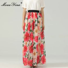 Fashion Designer Summer Elegant Vacation Skirt Women's Chiffon Vintage High Waist Flower Print Party Midi Dress 210524