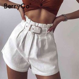 BerryGo White cotton high waist women shorts Summer ruffled belt female bottoms Fashion pants streetwear Shorts 210719