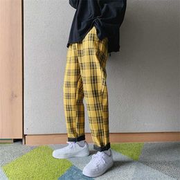 Privathinker Harajuku Men's Harem Pants Korean Streetwear Man Black Yellow Plaid Pants Hip Hop Male Chequered Trousers 211119