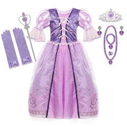 MUABABY Girls Rapunzel Dress up Clothes Flare Sleeve Deluxe Princess Costume Girl Fantasy for Birthday Halloween Party 210317