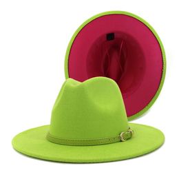 High Quality Patchwork Outer Lime Green Inner Rose Red Wool Felt Hat With Belt Buckle Hats Fedora For Women Wide Brim