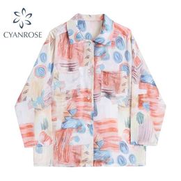 Chic Printing Blouses Women Retro Oversized Fashion Cardigan Shirts Female Lapel Loose Streetwear Blusas Summer Beach Tops 210515