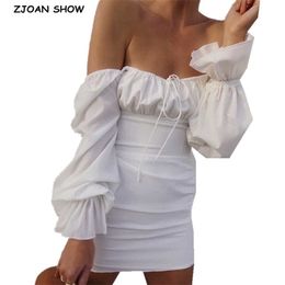 Sexy Lacing up Slash Collar Off Shoulder Mini Dress White long Sleeve Women Ruched Party Bodycon Dresses Holiday 210429