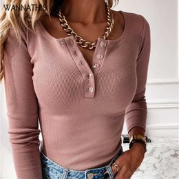 WannaThis Long Sleeve Knitted T-shirts Women Front Button Skinny Elastics Cotton Autumn New Solid Casual Fashion Basis T-shirts Y0621