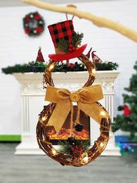 Hand-made Snowman Christmas LED Garland Hanging Decoration Home Rattan Wall Door Home Outdoor Garland Wreath Y0901