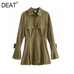 [DEAT] Spring Autumn Fashion Loose Solid Color Flare Sleeve High Waist Turn-down Collar Simple Dress Women 13C338 210527