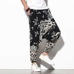 Cotton Linen Dragon Printed Harem Pants Men Joggers Men's Pants Korean Style Streetwear Men's Casual Pants Hip Hop M-5XL 2021 X0723
