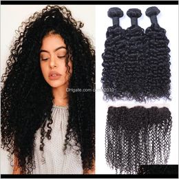 Brazilian Jerry Curly Human Hair Wefts With 13X4 Lace Frontal Ear To Ear Full Head Natural Colour Can Be Dyed Unprocessed Human Hair L9 Xefmh