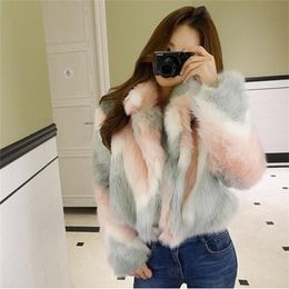 Stylish Mix Colored Long Hairy Shaggy Faux Fox Fur Short Jacket Winter Woman Lapel Collar Contrast color Coat Outerwear Femme 210429