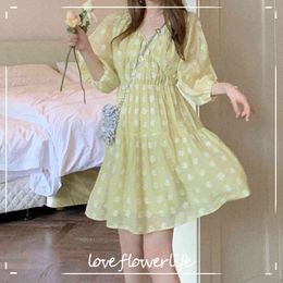 Dress Korean Summer Sweet Vintage Mini Dress Women Kawaii V-Neck Fairy Party Foral Dress Female Beach Design 210521
