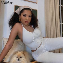 Nibber woman's halter ruched 2piece set casual tank top leggings Matching lace up set solid fitness female Stretch activity wear Y0625