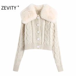 Zevity Women Fashion Faux Fur Collar Patchwork Knitting Casual Sweater Femme Chic Twist Crochet Short Cardigan Tops S457 210603