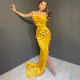 Sexy Yellow Long Prom Dresses Side Split Ruched Strapless Draped Pleats Floor Length Special Occasion Dress Cocktail Party Evening Gowns Custom Made