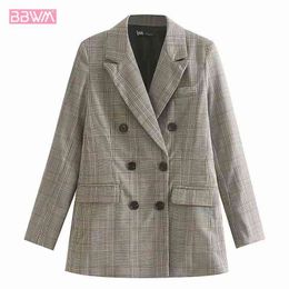 Double-breasted Long-sleeved Plaid Lapel Female Suit Autumn Office Professional Women's Jacket Korean Retro Chic Tops 210507