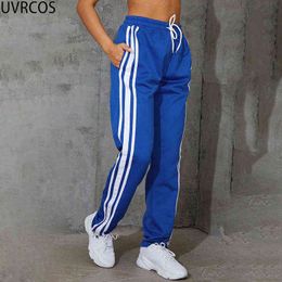 UVRCOS Pants For Women Mode Femme Streetwear Hot Casual Sport Striped Print Panelled Waist Stretchy Lace Up Cyber Y2K Sweatpants Y211115