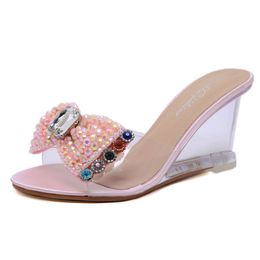 HOKSZVY 2021 New Women Slippers Crystal High Heels Summer Women's Shoes Buckle Simple Wedge Sandals Transparent Clear Shoes CDG342