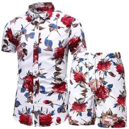 Men 2 Piece Set Summer Shorts Man Printed Shirt and Beach Wear Board Hawaiian Fashion Clothing 210806