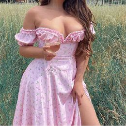 Elegant beach holiday dress women ruffles vintage temperament split floral strapless tube top long Dress vestidos 210508