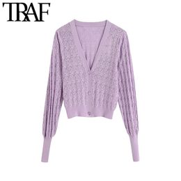 Women Fashion Button-up Cropped Knitted Cardigan Sweater Vintage V Neck Long Sleeve Female Outerwear Chic Tops 210507