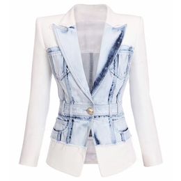 HIGH STREET est Stylish Designer Jacket Women's Slim Fitting Lion Button Denim Patchwork Blazer 211019