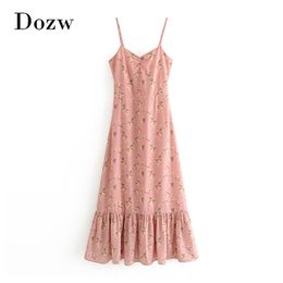 Boho Style Women Spaghetti Strap Midi Dress Floral Print Sleeveless Sexy Beach Summer Backless Ruffle Pleated es 210515