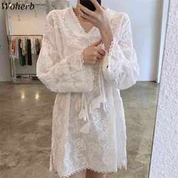 Summer Dress Women White Lace Embroidery Korean Style Fairy Dresses Kawaii Elegant Vintage Robe Mini Vestidos 210519