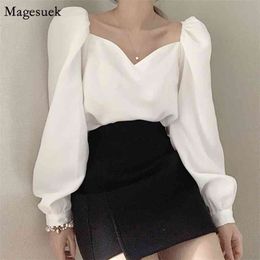 Korean Chic Puff Sleeve Loose White Sexy Blouses Woman Square Collar Ladies Office Women's Shirt Casual Spring Solid Tops 13528 210512