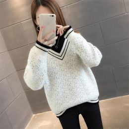 Autumn And Winter Imitation Mink Cashmere Sweater Women Korean Loose Two Fake Half-high Collar Thick Bottoming 210427