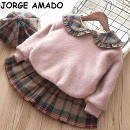 Girl Winter Clothes Thick Girls Outfits Peter Pan collar Hoodie+plaid pleated skirt+hat 3pcs E84088 210610