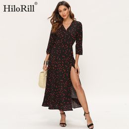 Women Polka Dot Long Maxi Dress Boho V Neck Split Party Three Quarter Sleeve Casual Wrap es Vestidos 210508