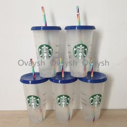 -Starbucks Tumbler Blue Cups 24oz / 710ml Tamanhos de plástico Tumble Beverage Copo Sereia Goddess Frappuccinos Color Mudando Arco-íris Sublimação Blanks