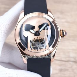 New 46mm Bubble Rose Gold Case Mens Watch L016/03268 Black Dial Skull Tourbillon Automatic Rubber Glass Back Sports Watches