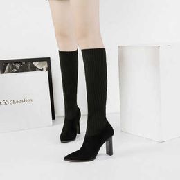 Sexy pointed high-high stretch women's boots thick with stitching thin socks boots wild thin high-heeled boots 210911