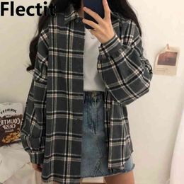 Flectit Flannel Oversized Shirt Long Sleeve Collared Boyfriend Plaid Blouse Fall Winter Women's Blouses & Shirts * 210326