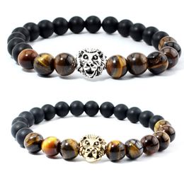 Strands Natural Tiger Eye Stone Black Agate Lion Head Unisex 8MM Beads Yoga Bracelet Mix order Fashion Jewelry Wholesale