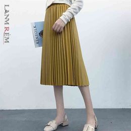 LANMREM autumn fashion PU leather pleated skirt elastic high waist all-match female's bottoms YF342 210629