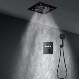 Bathroom Matte Black Shower Set 304 Stainless Steel Rainfall Mist LED ShowerHead With Button Thermostatic Mixer Faucets