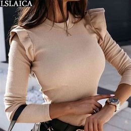 Solid Skinny Knitted Tops for Women Fashion Long Sleeve Ruffles Round Neck Casual Female Blouse OL Fall Clothing 210515