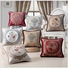 Cushion/Decorative Pillow European Luxury Embroidered Cushion Cover Red Blue Brown Square Jacquard 48x48cm Decorative Sofa PillowCae