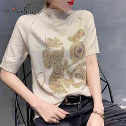 "Chinese Style Knitwear Mouse Year FU Words Diamonds Half Turtleneck Short Sleeve Loose Sweater Tops Pullover Casual "T01705 210421