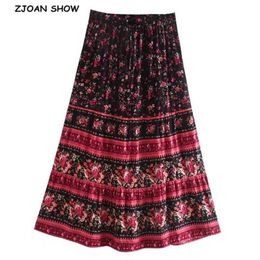 Bohemian Flower Print Long Skirt Stitching Ruched Ruffle Hem Hippie Women Adjust Stream Waist Swing Skirts Holiday Beach 210429