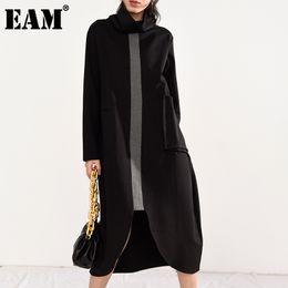 [EAM] Women Black Pocket Big Size Midi Dress Turtleneck Long Sleeve Loose Fit Fashion Spring Autumn 1Z30901 21512