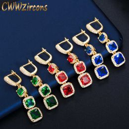 Classic Yellow Gold Colour Square Cubic Zirconia Women Long Dangling Drop Earring with Blue Green Red Crystal CZ208 210714